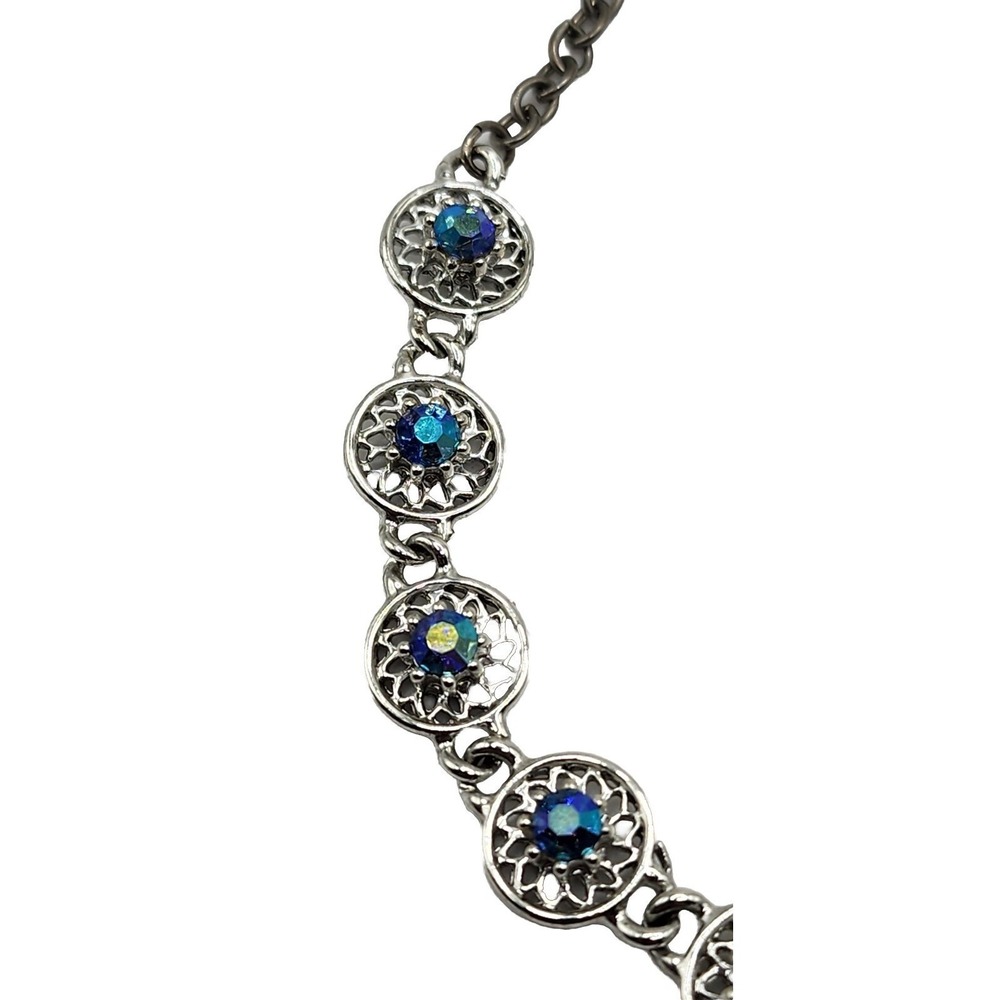 Vintage Dark Blue Aurora Borealis Rhinestone Silver Tone Filagree Necklace 17.5" - Picture 5 of 15